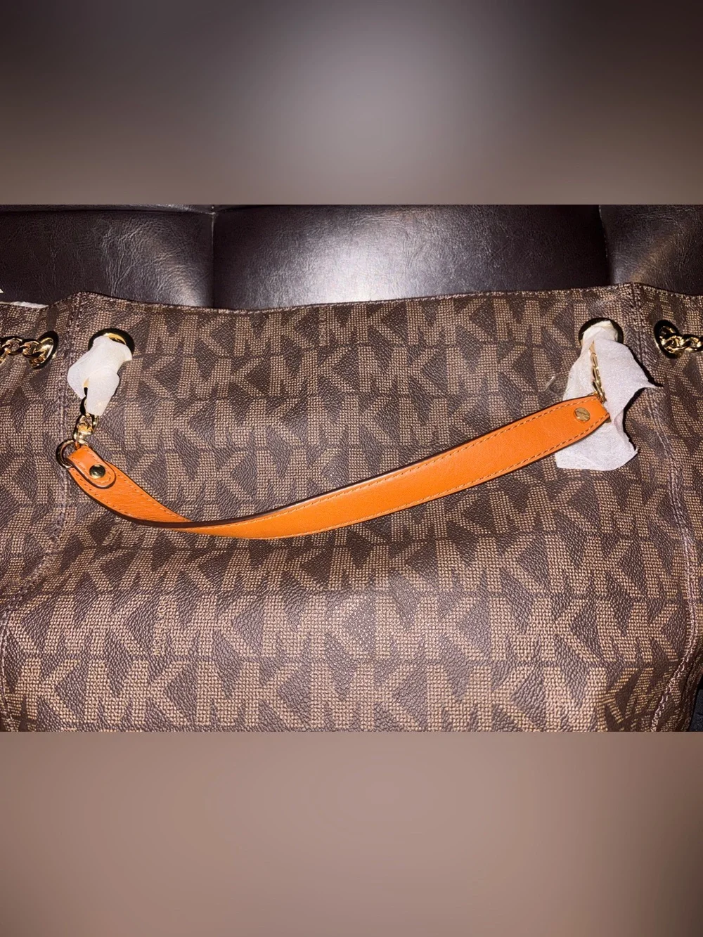 Michael Kors Brown MK Monogram Tote with Orange Straps